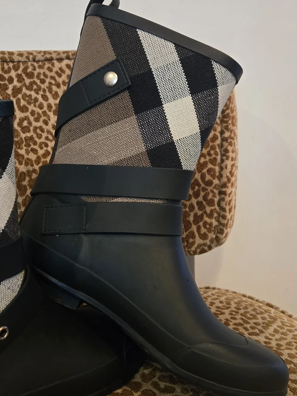 Burberry Hollow Nova Check Black and Beige Plaid Mid-Calf Rain Boots with Buckle